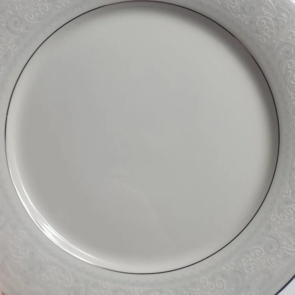 TWO Noritake Trudy Dinner Plates Ivory with Blue & White Scrolls 7087